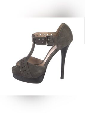 Fendi Taupe Suede T-Strap Platform Heel with Grommet Details